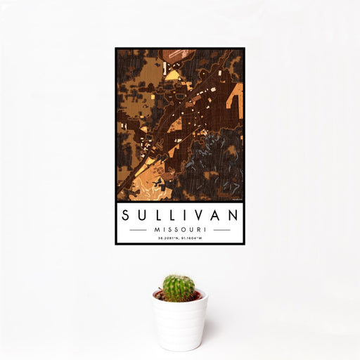 12x18 Sullivan Missouri Map Print Portrait Orientation in Ember Style With Small Cactus Plant in White Planter