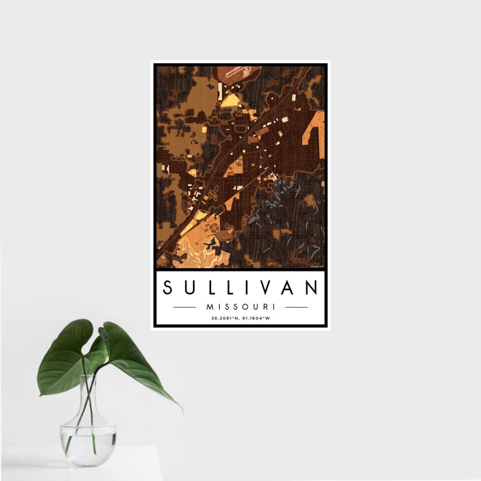16x24 Sullivan Missouri Map Print Portrait Orientation in Ember Style With Tropical Plant Leaves in Water