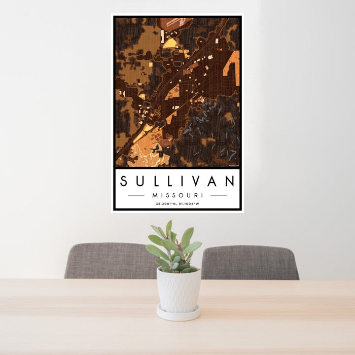 24x36 Sullivan Missouri Map Print Portrait Orientation in Ember Style Behind 2 Chairs Table and Potted Plant