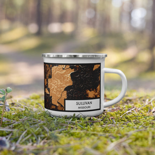 Right View Custom Sullivan Missouri Map Enamel Mug in Ember on Grass With Trees in Background