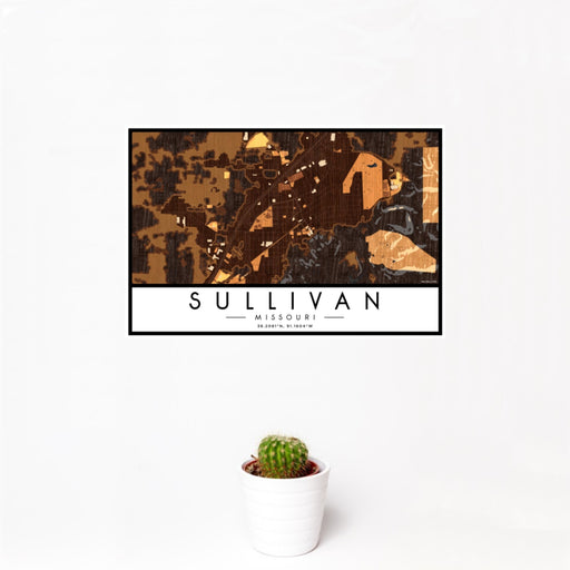 12x18 Sullivan Missouri Map Print Landscape Orientation in Ember Style With Small Cactus Plant in White Planter