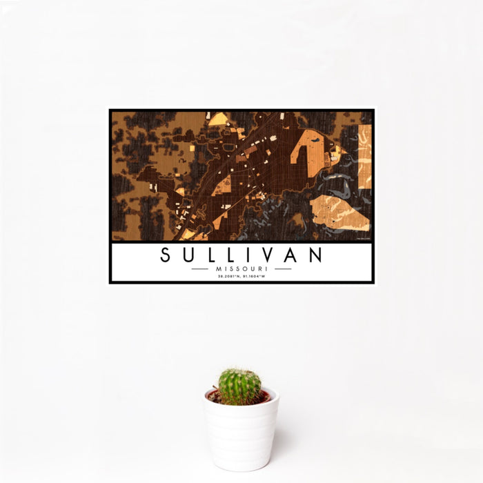 12x18 Sullivan Missouri Map Print Landscape Orientation in Ember Style With Small Cactus Plant in White Planter