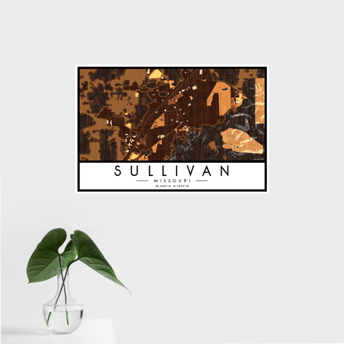 16x24 Sullivan Missouri Map Print Landscape Orientation in Ember Style With Tropical Plant Leaves in Water