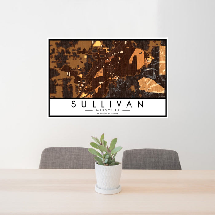 24x36 Sullivan Missouri Map Print Landscape Orientation in Ember Style Behind 2 Chairs Table and Potted Plant