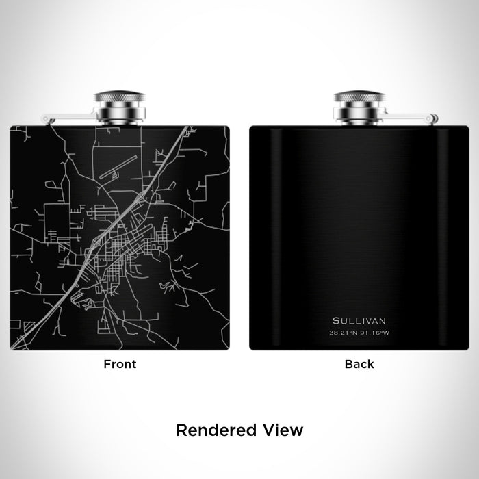 Rendered View of Sullivan Missouri Map Engraving on 6oz Stainless Steel Flask in Black