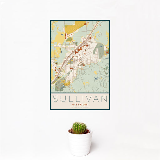 12x18 Sullivan Missouri Map Print Portrait Orientation in Woodblock Style With Small Cactus Plant in White Planter