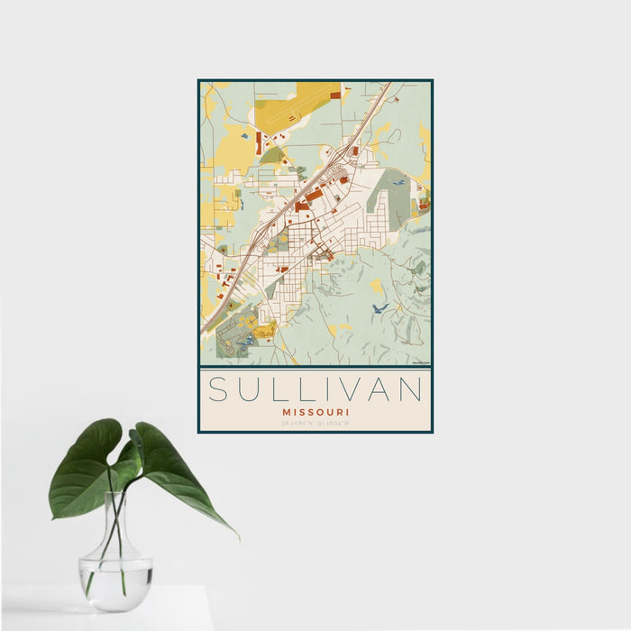 16x24 Sullivan Missouri Map Print Portrait Orientation in Woodblock Style With Tropical Plant Leaves in Water