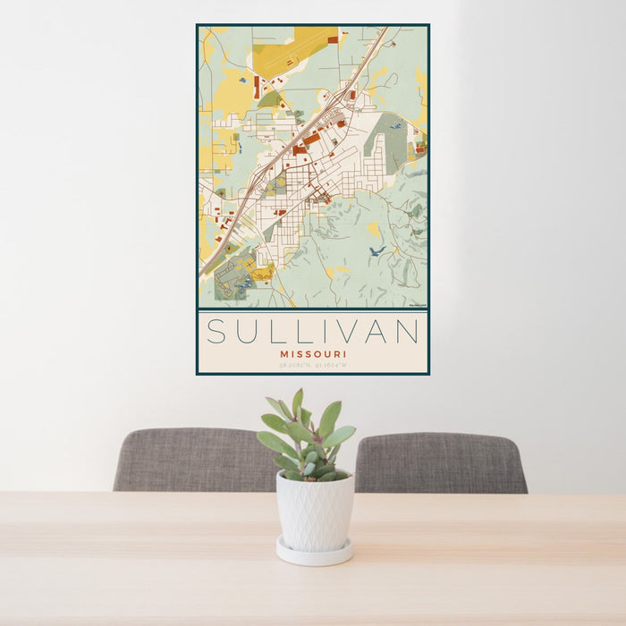 24x36 Sullivan Missouri Map Print Portrait Orientation in Woodblock Style Behind 2 Chairs Table and Potted Plant