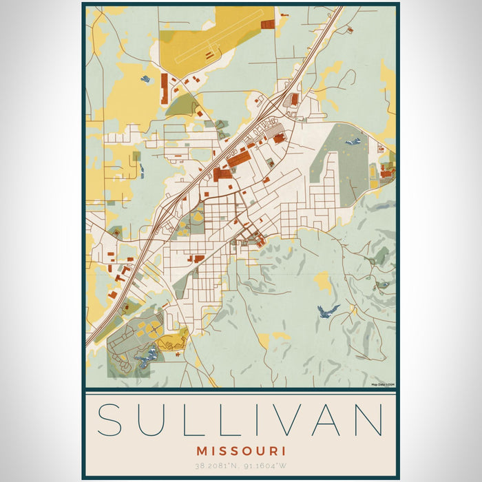 Sullivan Missouri Map Print Portrait Orientation in Woodblock Style With Shaded Background
