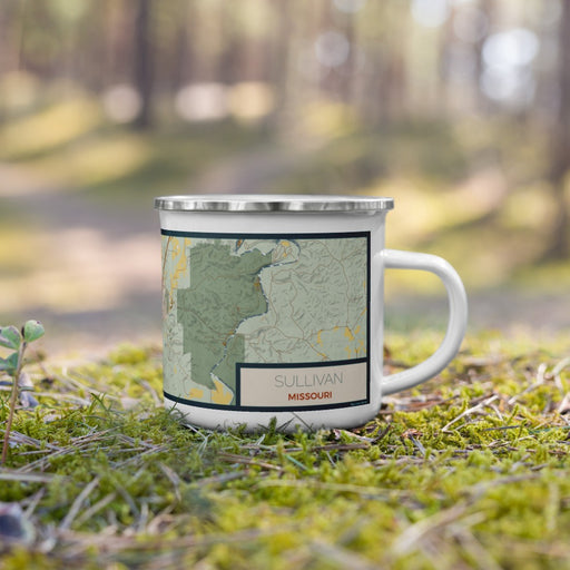 Right View Custom Sullivan Missouri Map Enamel Mug in Woodblock on Grass With Trees in Background