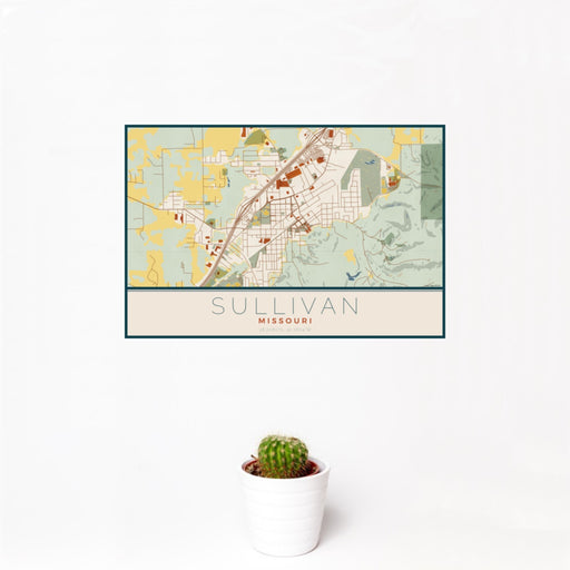 12x18 Sullivan Missouri Map Print Landscape Orientation in Woodblock Style With Small Cactus Plant in White Planter