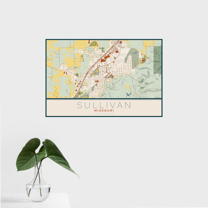 16x24 Sullivan Missouri Map Print Landscape Orientation in Woodblock Style With Tropical Plant Leaves in Water