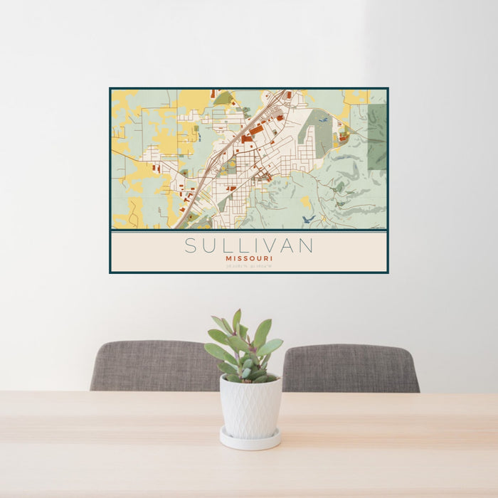 24x36 Sullivan Missouri Map Print Landscape Orientation in Woodblock Style Behind 2 Chairs Table and Potted Plant