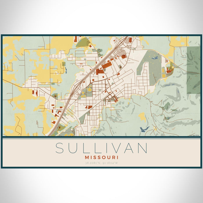 Sullivan Missouri Map Print Landscape Orientation in Woodblock Style With Shaded Background