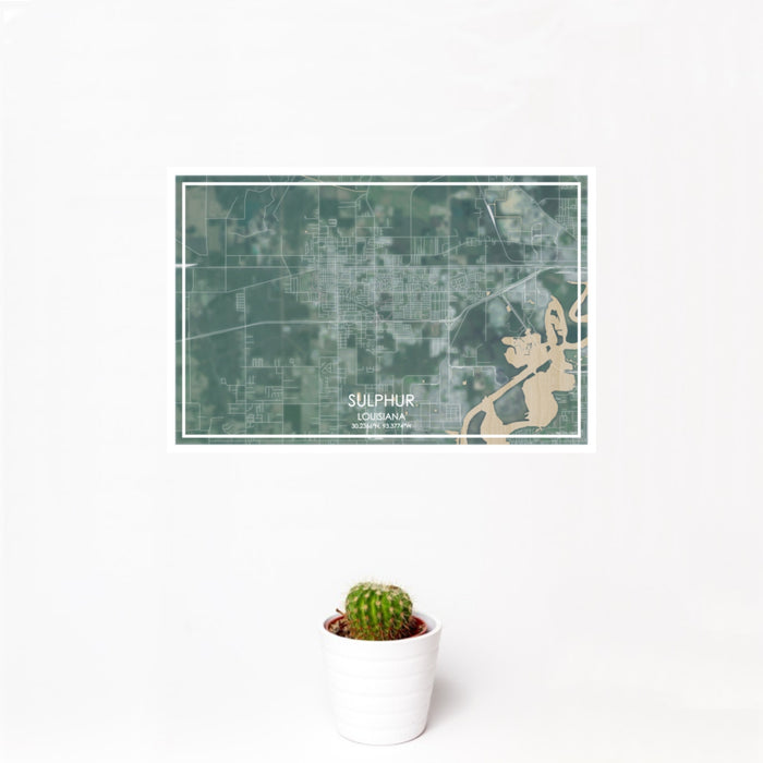 12x18 Sulphur Louisiana Map Print Landscape Orientation in Afternoon Style With Small Cactus Plant in White Planter