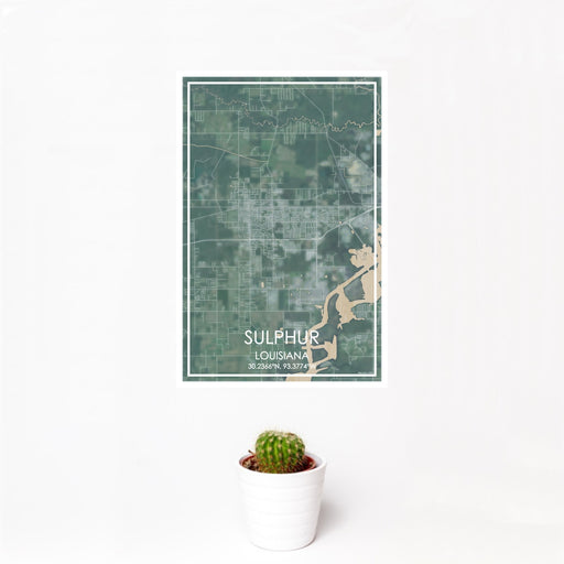 12x18 Sulphur Louisiana Map Print Portrait Orientation in Afternoon Style With Small Cactus Plant in White Planter
