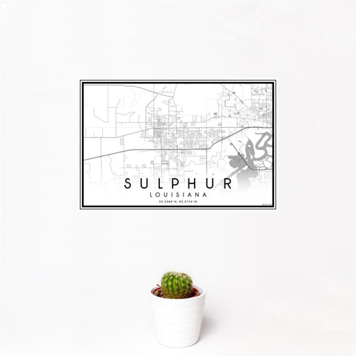 12x18 Sulphur Louisiana Map Print Landscape Orientation in Classic Style With Small Cactus Plant in White Planter