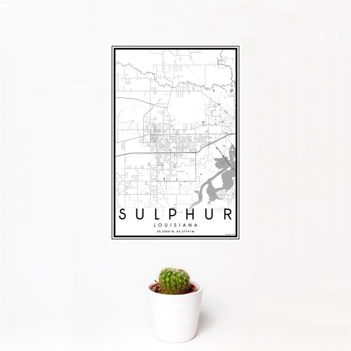 12x18 Sulphur Louisiana Map Print Portrait Orientation in Classic Style With Small Cactus Plant in White Planter