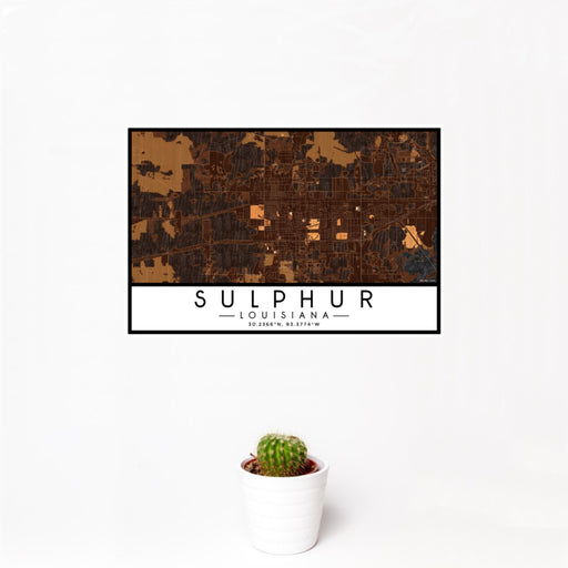 12x18 Sulphur Louisiana Map Print Landscape Orientation in Ember Style With Small Cactus Plant in White Planter