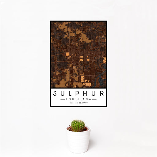 12x18 Sulphur Louisiana Map Print Portrait Orientation in Ember Style With Small Cactus Plant in White Planter