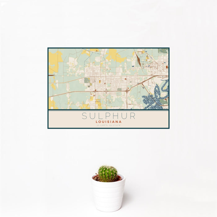 12x18 Sulphur Louisiana Map Print Landscape Orientation in Woodblock Style With Small Cactus Plant in White Planter