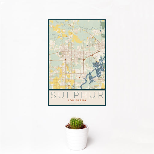 12x18 Sulphur Louisiana Map Print Portrait Orientation in Woodblock Style With Small Cactus Plant in White Planter