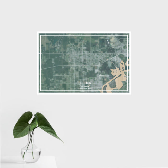 16x24 Sulphur Louisiana Map Print Landscape Orientation in Afternoon Style With Tropical Plant Leaves in Water