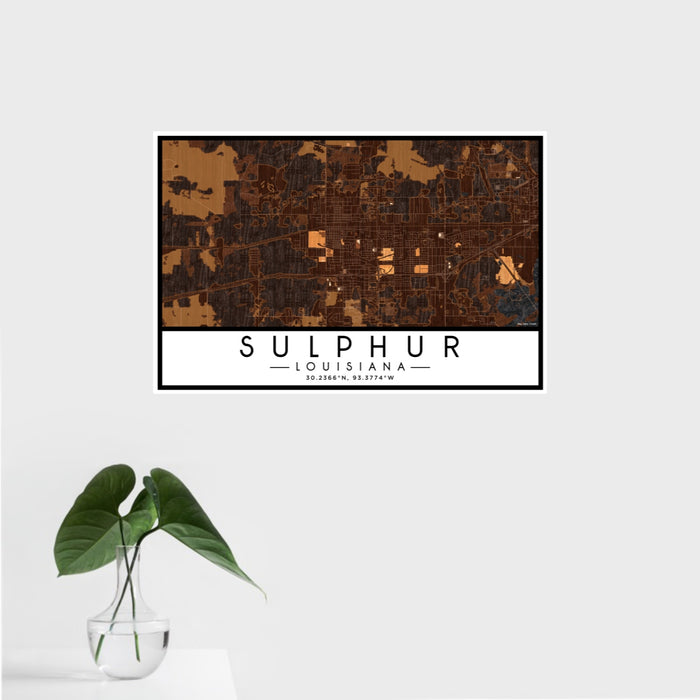 16x24 Sulphur Louisiana Map Print Landscape Orientation in Ember Style With Tropical Plant Leaves in Water