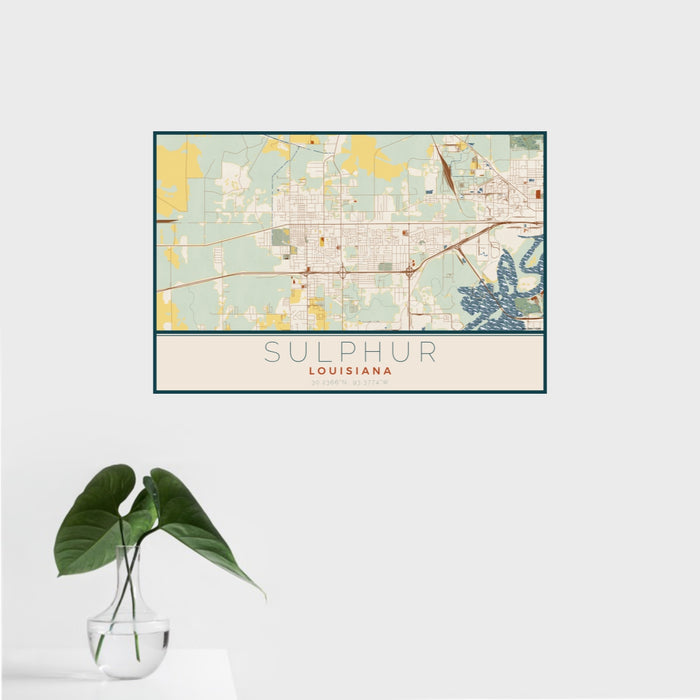 16x24 Sulphur Louisiana Map Print Landscape Orientation in Woodblock Style With Tropical Plant Leaves in Water