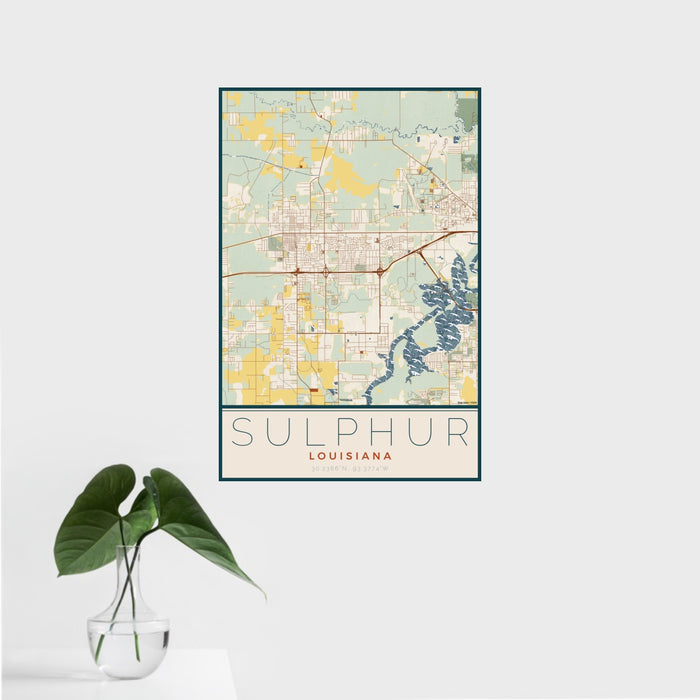 16x24 Sulphur Louisiana Map Print Portrait Orientation in Woodblock Style With Tropical Plant Leaves in Water