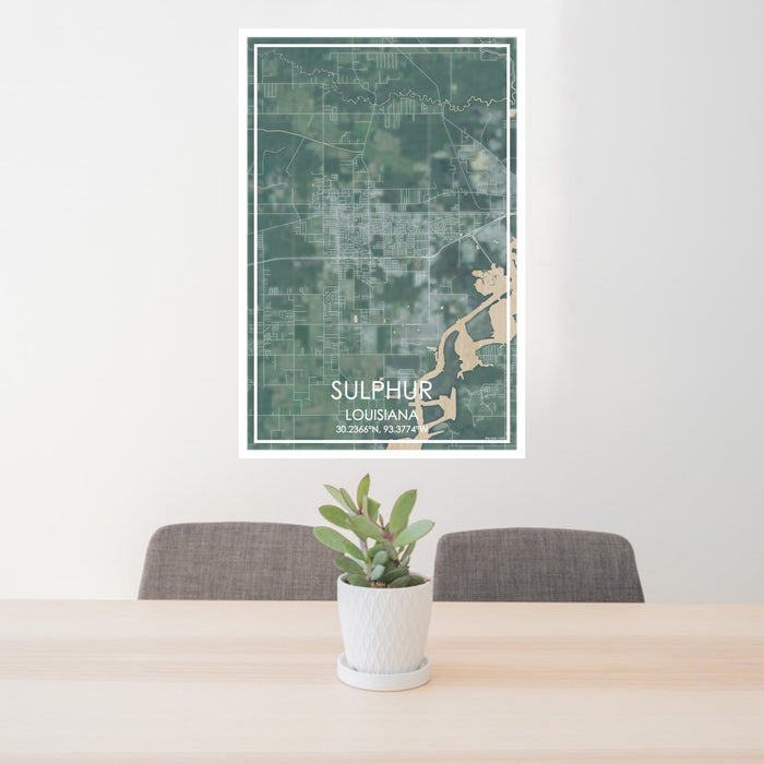 24x36 Sulphur Louisiana Map Print Portrait Orientation in Afternoon Style Behind 2 Chairs Table and Potted Plant