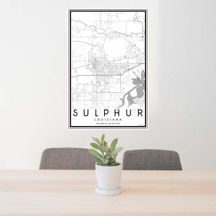 24x36 Sulphur Louisiana Map Print Portrait Orientation in Classic Style Behind 2 Chairs Table and Potted Plant