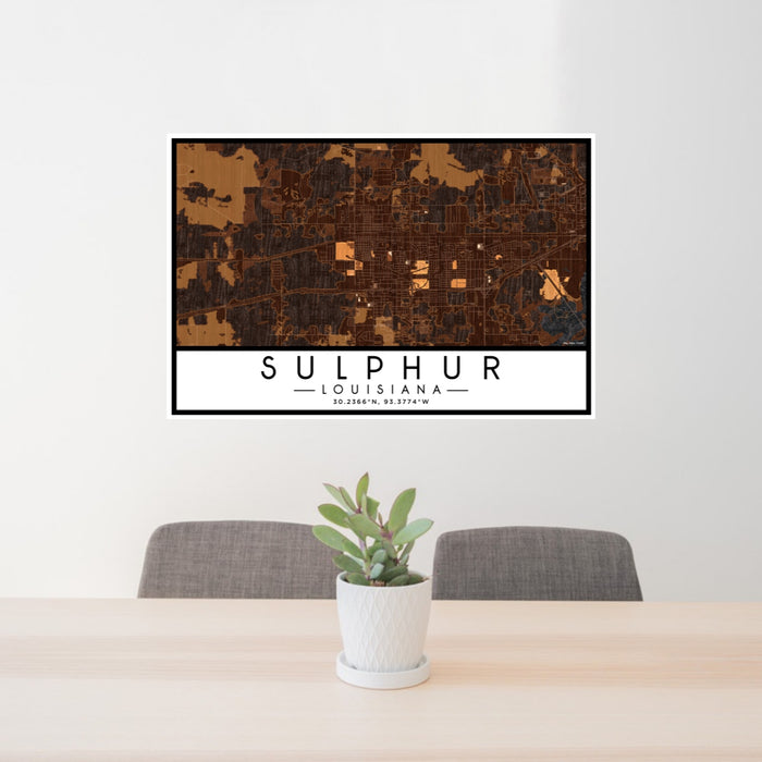 24x36 Sulphur Louisiana Map Print Lanscape Orientation in Ember Style Behind 2 Chairs Table and Potted Plant