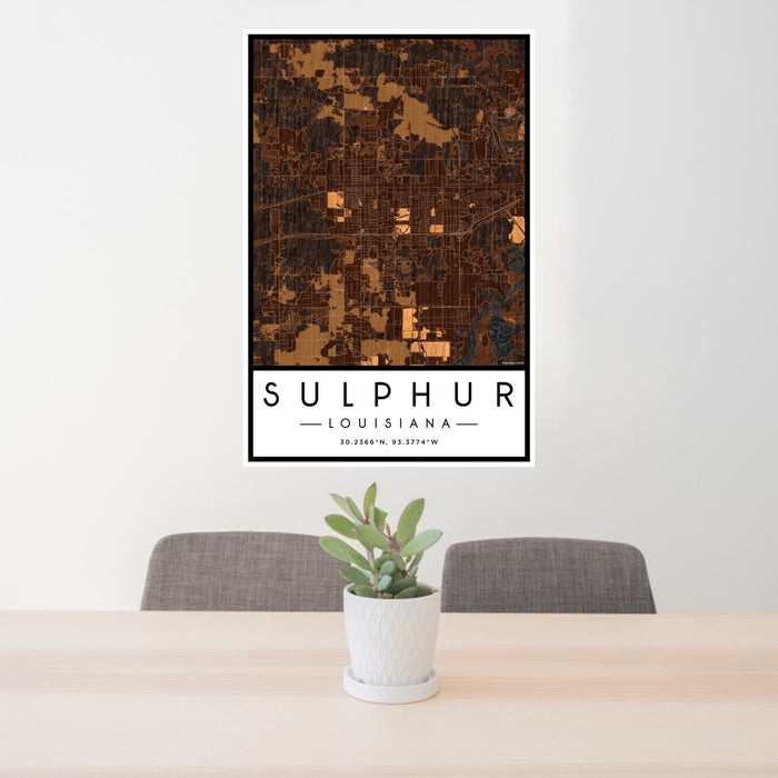 24x36 Sulphur Louisiana Map Print Portrait Orientation in Ember Style Behind 2 Chairs Table and Potted Plant