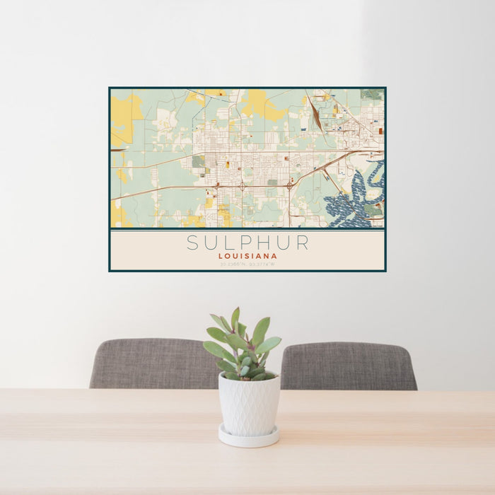 24x36 Sulphur Louisiana Map Print Lanscape Orientation in Woodblock Style Behind 2 Chairs Table and Potted Plant