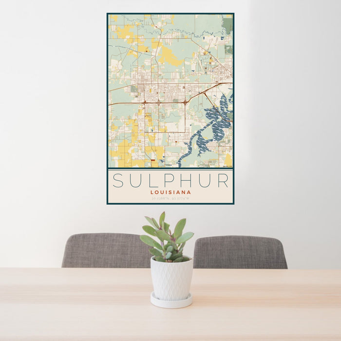 24x36 Sulphur Louisiana Map Print Portrait Orientation in Woodblock Style Behind 2 Chairs Table and Potted Plant
