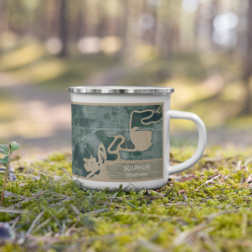 Right View Custom Sulphur Louisiana Map Enamel Mug in Afternoon on Grass With Trees in Background