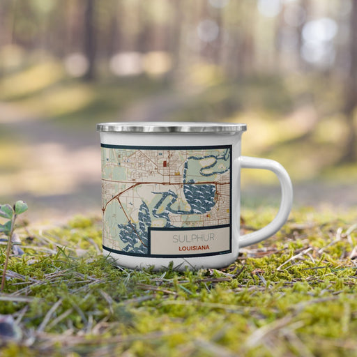 Right View Custom Sulphur Louisiana Map Enamel Mug in Woodblock on Grass With Trees in Background