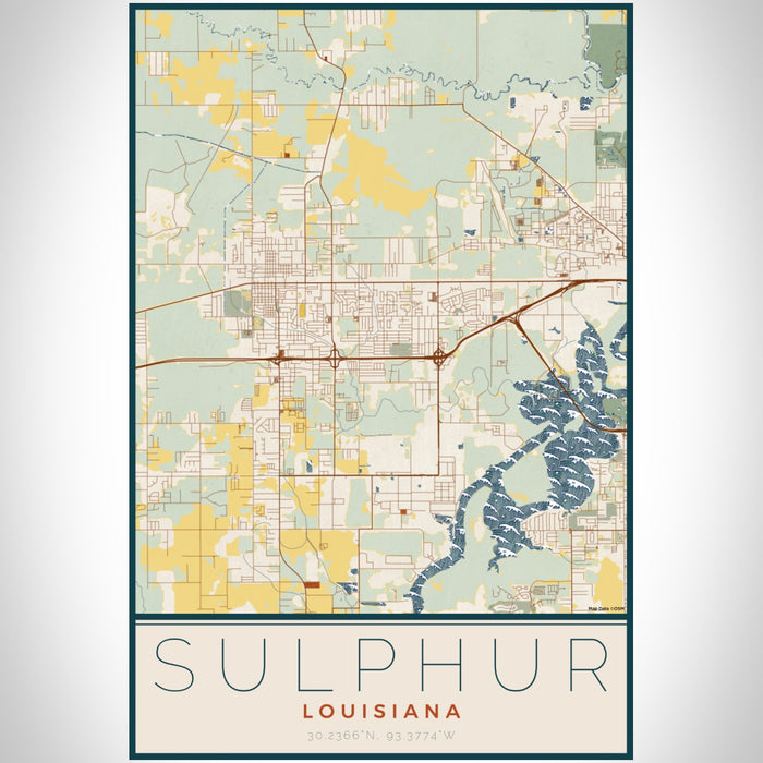 Sulphur Louisiana Map Print Portrait Orientation in Woodblock Style With Shaded Background