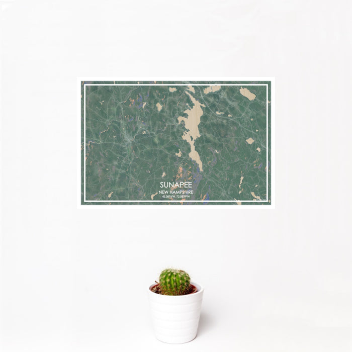 12x18 Sunapee New Hampshire Map Print Landscape Orientation in Afternoon Style With Small Cactus Plant in White Planter