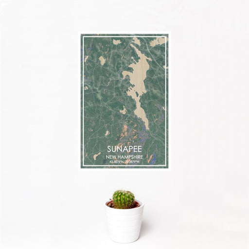 12x18 Sunapee New Hampshire Map Print Portrait Orientation in Afternoon Style With Small Cactus Plant in White Planter