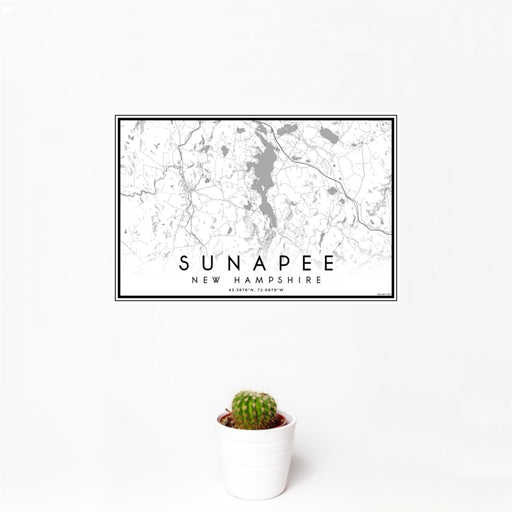 12x18 Sunapee New Hampshire Map Print Landscape Orientation in Classic Style With Small Cactus Plant in White Planter