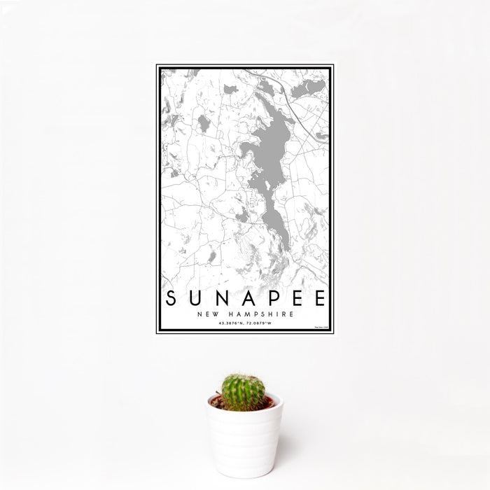 12x18 Sunapee New Hampshire Map Print Portrait Orientation in Classic Style With Small Cactus Plant in White Planter