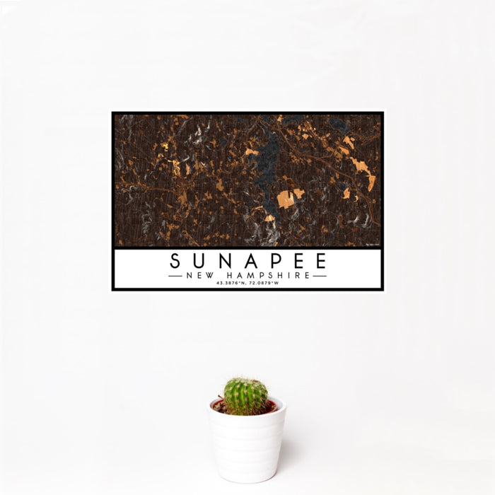 12x18 Sunapee New Hampshire Map Print Landscape Orientation in Ember Style With Small Cactus Plant in White Planter