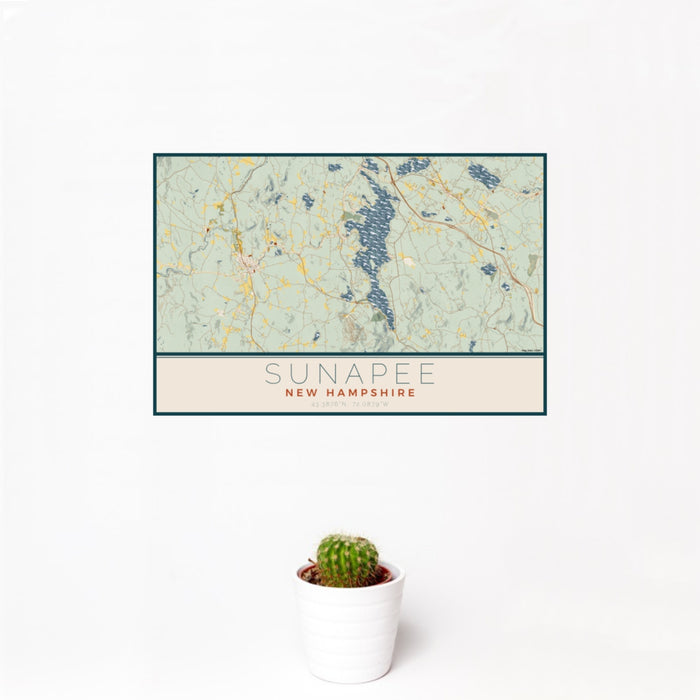 12x18 Sunapee New Hampshire Map Print Landscape Orientation in Woodblock Style With Small Cactus Plant in White Planter