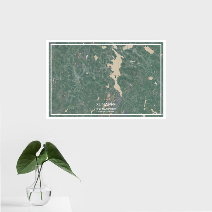 16x24 Sunapee New Hampshire Map Print Landscape Orientation in Afternoon Style With Tropical Plant Leaves in Water