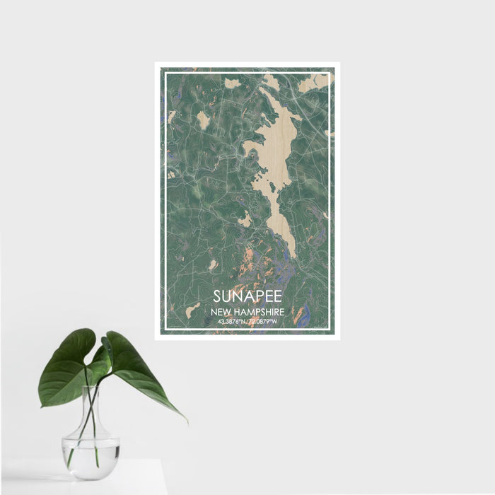 16x24 Sunapee New Hampshire Map Print Portrait Orientation in Afternoon Style With Tropical Plant Leaves in Water