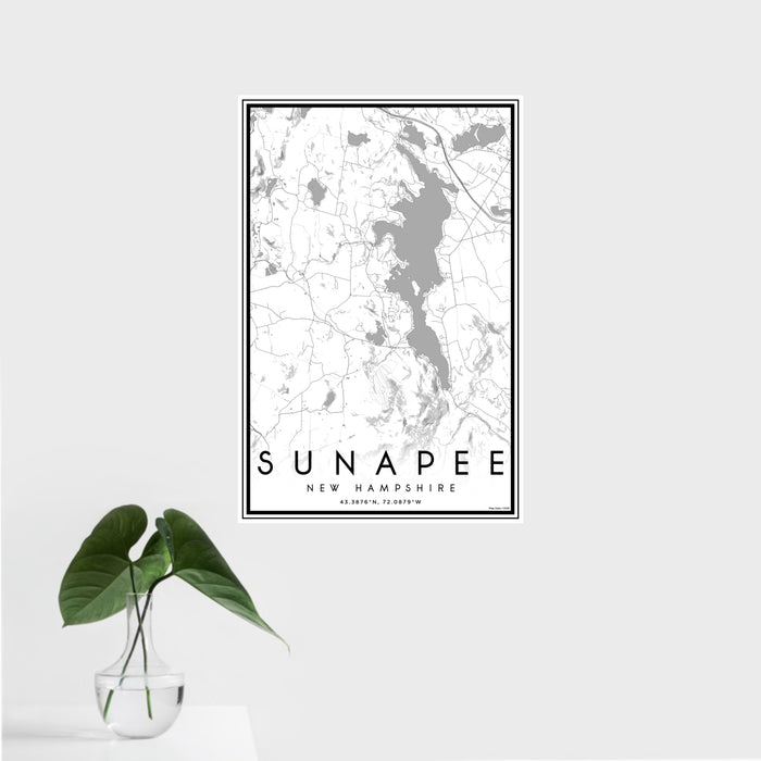 16x24 Sunapee New Hampshire Map Print Portrait Orientation in Classic Style With Tropical Plant Leaves in Water