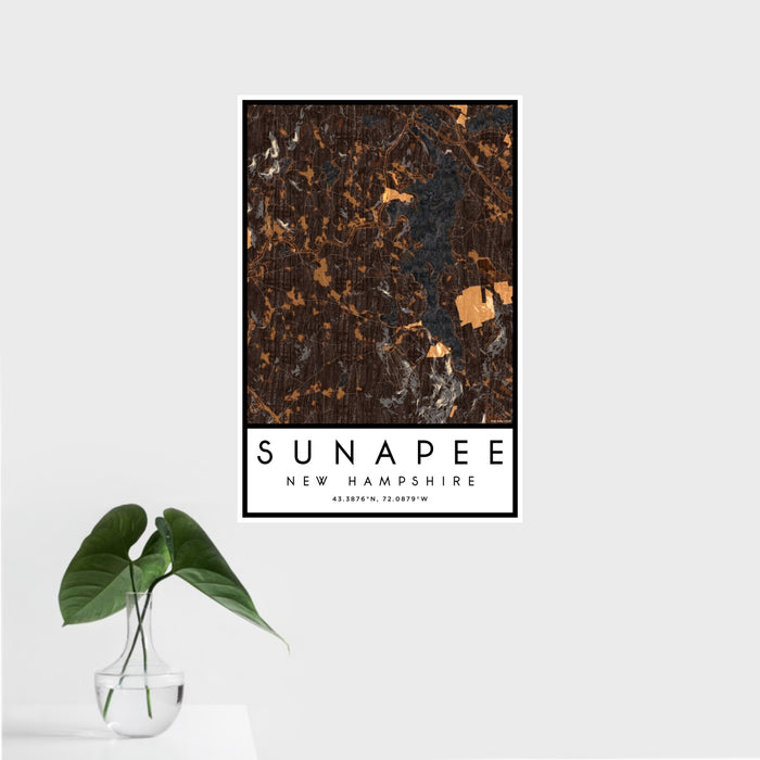 16x24 Sunapee New Hampshire Map Print Portrait Orientation in Ember Style With Tropical Plant Leaves in Water