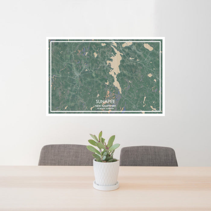 24x36 Sunapee New Hampshire Map Print Lanscape Orientation in Afternoon Style Behind 2 Chairs Table and Potted Plant